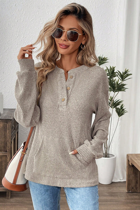 Ribbed Button Placket Banded Collar Drop Shoulder Henley Top